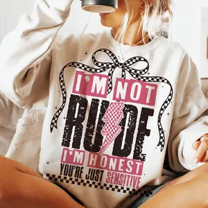 Women's Cotton Long-Sleeve Printed Round Neck Fitted Casual Hoodie Pullover - Retro Checkered Coquette, I'm Not Rude Snarky Sarcastic Saying, Edgy Sassy Mom, Quality Fabric, Mother's Day Gift for Lady Tops Clothes