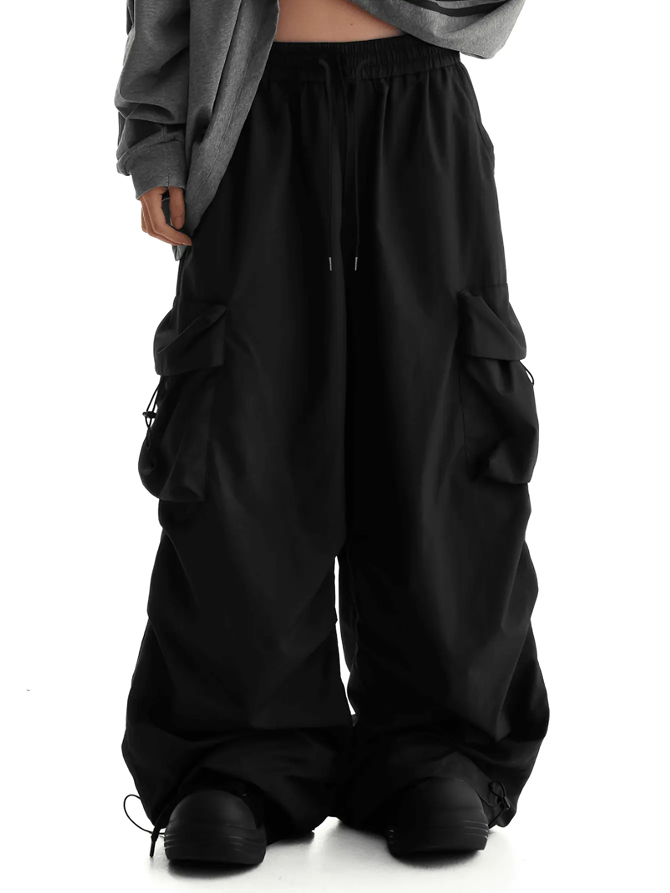Men Black Baggy Wide Leg Cargo Pants Elastic Drawstring Waist Big Side Cargo Pockets Adjustable Ankle String Oversized Loose Y2K Streetwear Skate Hip Hop Casual Jogging Parachute Trousers