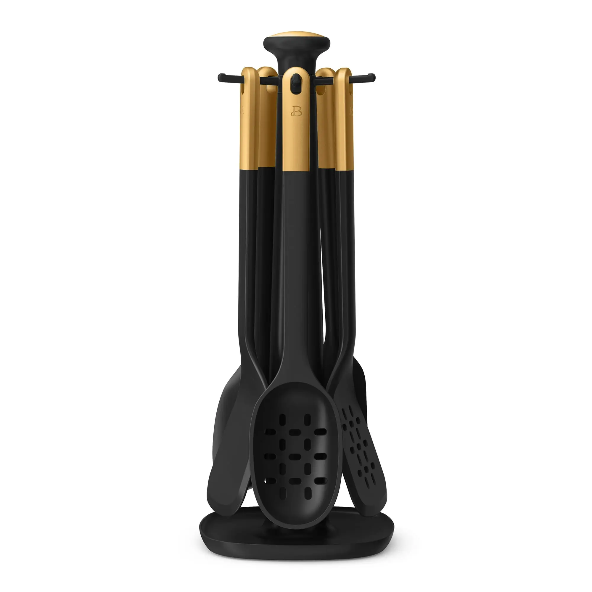 Beautiful 6-Piece Silicone Kitchen Utensil Tool Set with Rotating Rack, Black Sesame by Drew Barrymore
