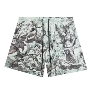 Among Gods Mesh Shorts, Mythology Inspired Graphic Streetwear, Vintage Divine Art Print Breathable Athletic Summer Drawstring Casual Gym Shorts Unisex