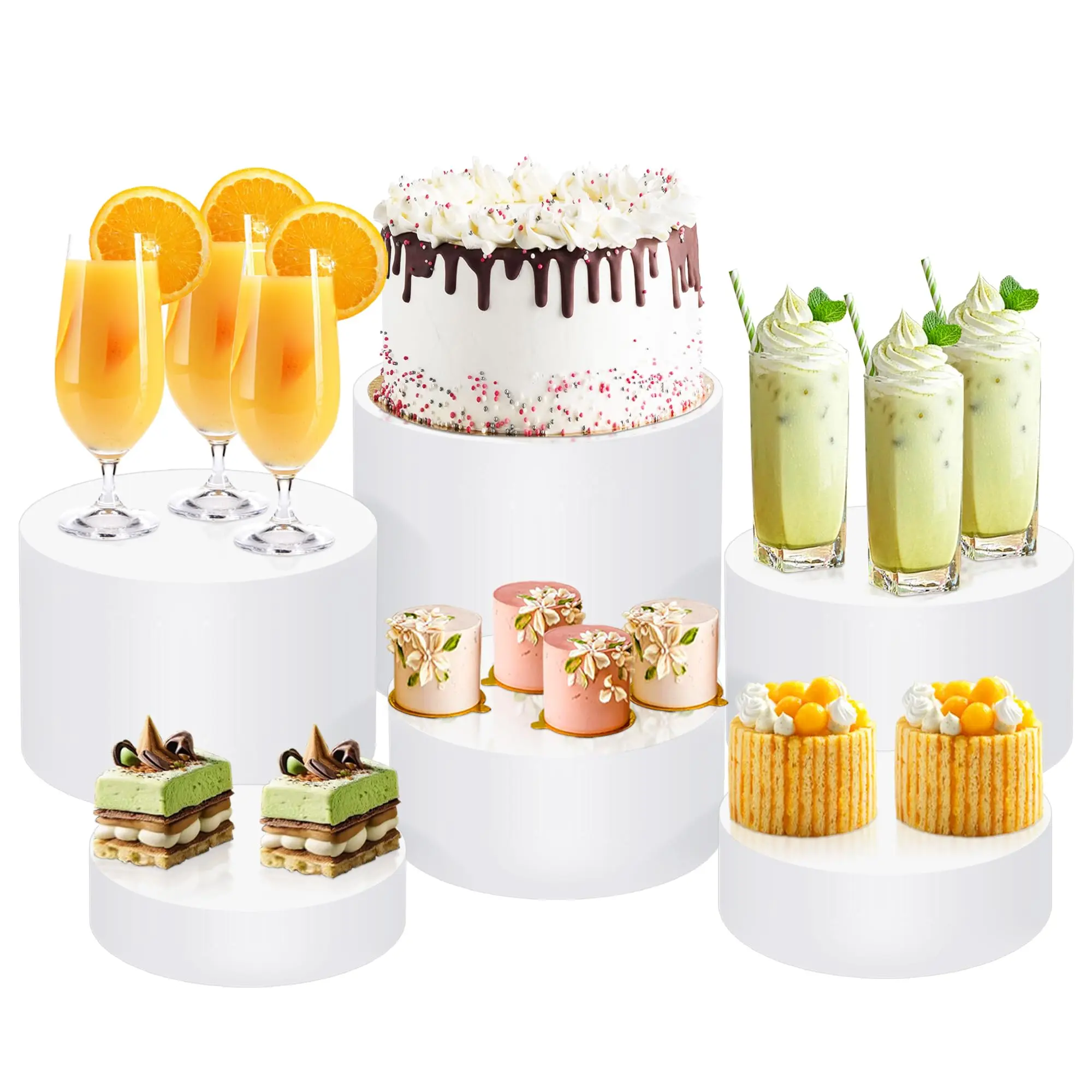 6Pcs Food-Safe Acrylic Buffet Risers with Round Bases (6" 6.5" 6.7" 7" 7.5" 8") - Home & Party Supplies for Styled Dessert Displays, Cake Decorating, Boxes & Table Decoration