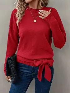 Women's Basic Plain Bow Decor Drop Shoulder Fitted Sweater, Elegant Casual Long Sleeve Round Neck Jumper for Fall & Winter, Fashion Women's Knitwear Tops for Daily Wear, Womenswear