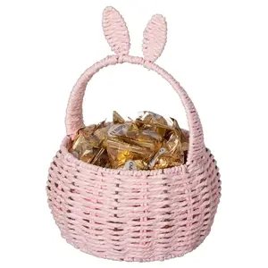 Wickerwise QI004723.PK Hand-Woven Easter Bunny Ear Basket with Handle Multi-Purpose Paper Rope Wicker Basket for Easter, Picnics, Flowers, Food Storage, Party, and Home Decor, Pink