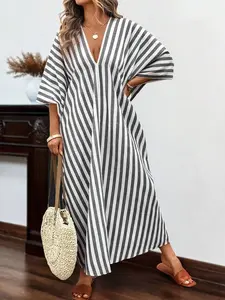Size Long Sleeve Striped Linen Shirt Dress, Spring/Summer Knee Length Dress, New Casual Beach Bikini Cover Up Cover Up, Swimwear Robe, Women Beach Long Dress