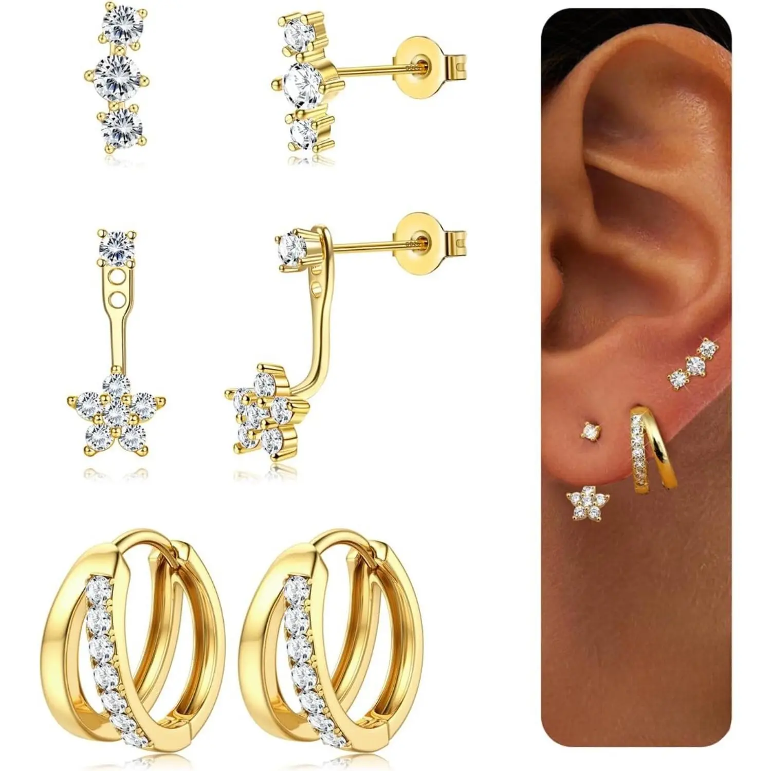 YADOCA 3 Pairs 925 Sterling Silver Earrings for Women Grils Hypoallergenic Silver/Gold Stud Hoops Earrings Set Dainty Studs Huggies Earings Flower Butterfly Earrings Sets for Multiple Piercings