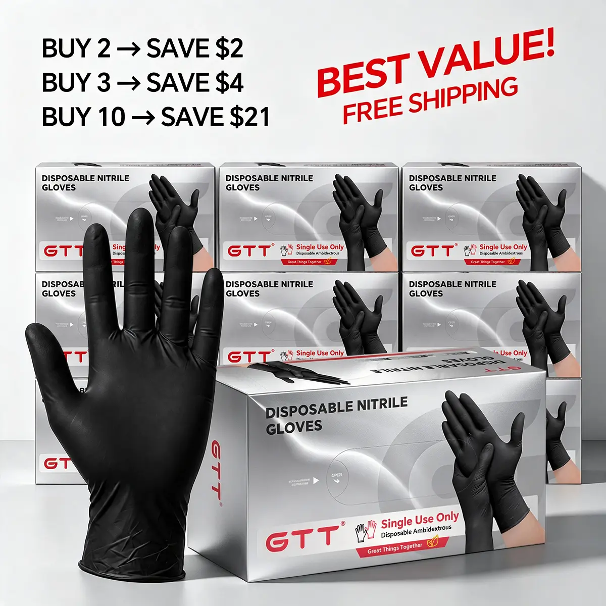 GTT Heavy-Duty 6mil Black Nitrile Gloves, Disposable Industrial-Grade Mechanical Style, Fingertip Textured, Latex-Free, Powder-Free, 200/300/1000 Count Home Cleaning Gloves