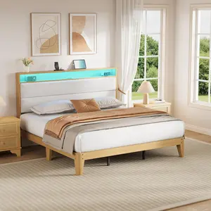 Garvee White King Size Boucle Platform Bed Frame - Upholstered Headboard with LED Lights & Built-in Charging Station, No Box Spring Required, Easy to Assemble