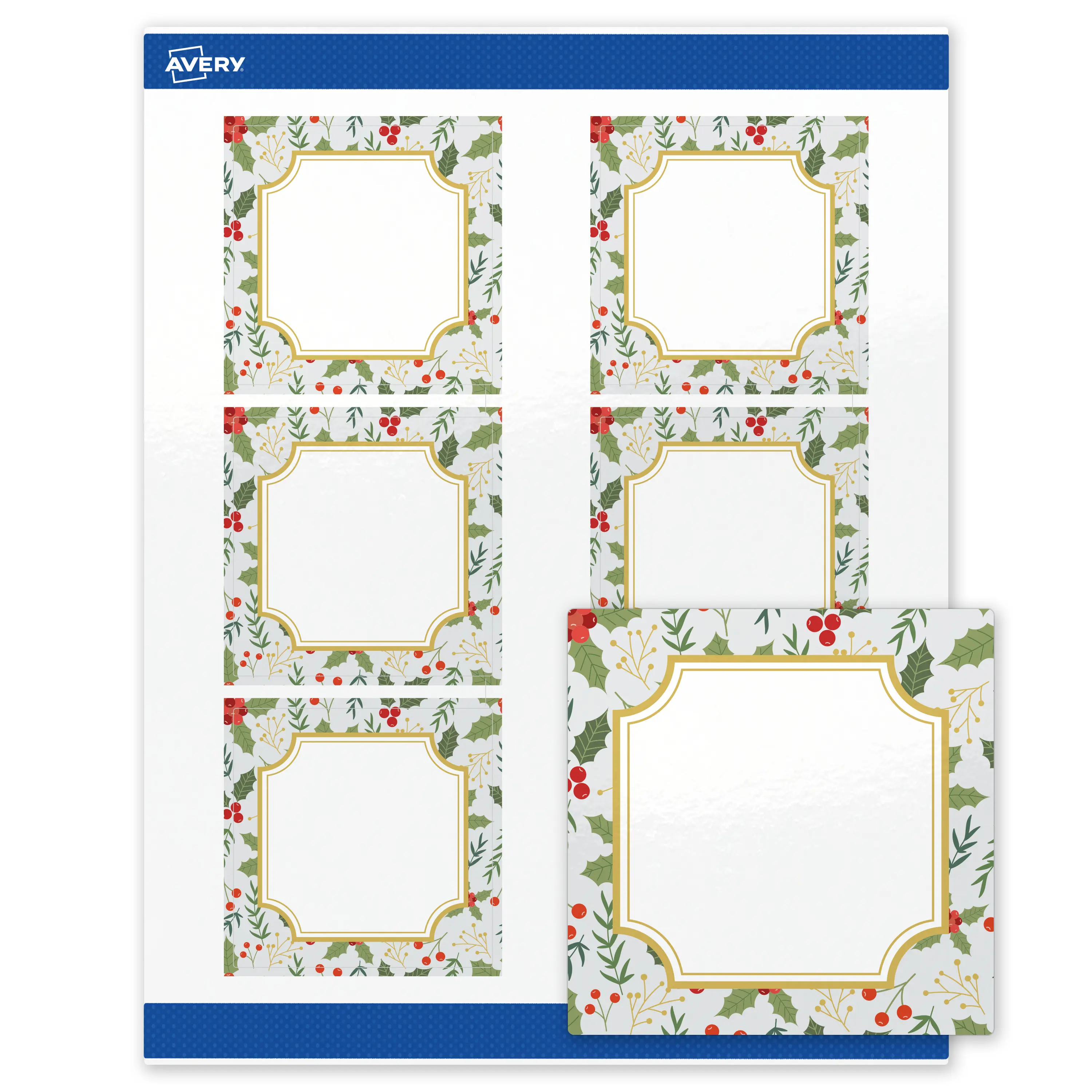Avery® Printable Christmas Labels with Sure Feed® Technology, Square, 3" x 3", Pre-Printed Light Blue Border with Metallic Gold Frame Design, Glossy White, Laser & Inkjet Compatible, 60 Total