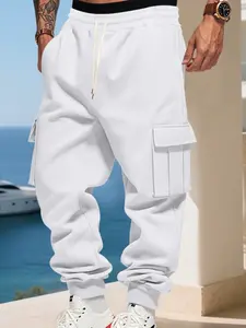 Men's Loose Fit Fleece-Lined Cargo Pants, Casual Slant Pocket Outdoor Sweatpants for Fall & Winter, American Style Joggers