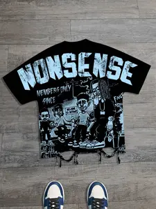 Nonsense slogan ripped hole short sleeved Crewneck T-shirt for both men and women loose fit, Casual, Euro-American street fashion brand 2026 dirty braid cartoon printed Y2K style Streetwear Menswear Top, Casual Summer Clothing