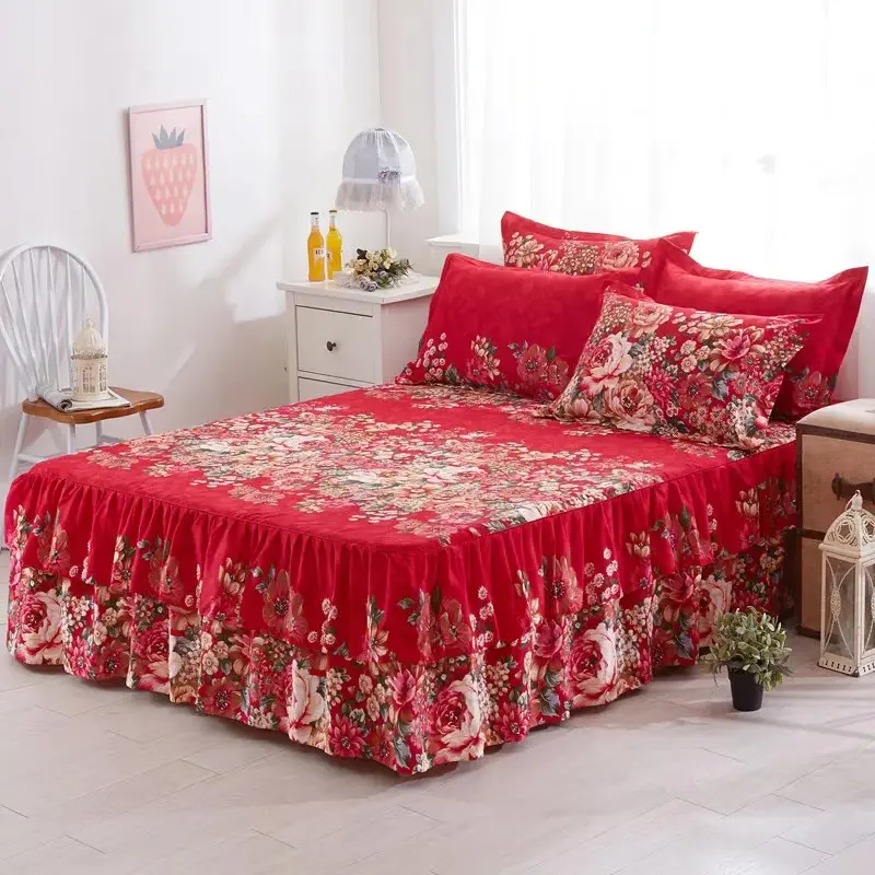 Luxurious Double-Layered Lace Trim Decorative Bedding Set - Soft Floral Print All-Season Non-Slip Sheet Bedroom Accessory for Home Decor