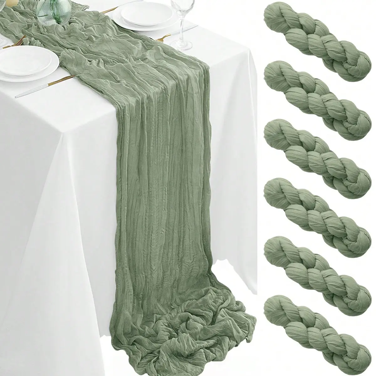 Boho Gauze Cheesecloth Table Runner - 6/10 Packs Sage Green Polyester, 17x108in (9FT) Sheer Texture Crinkle Effect Vintage Rustic Look for Wedding Decor