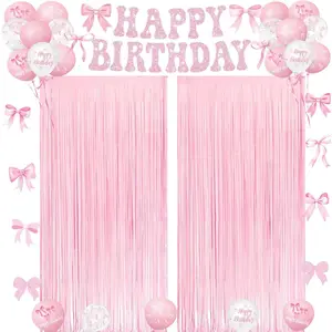 Pink Bow Birthday Decorations – 2 Pack Pink Bow Foil Fringe Curtains, Banner, and Balloons for Girls Bow Birthday, Baby Shower, Bachelorette, Bridal Shower Party Decor, 3.2ft x 8.2ft