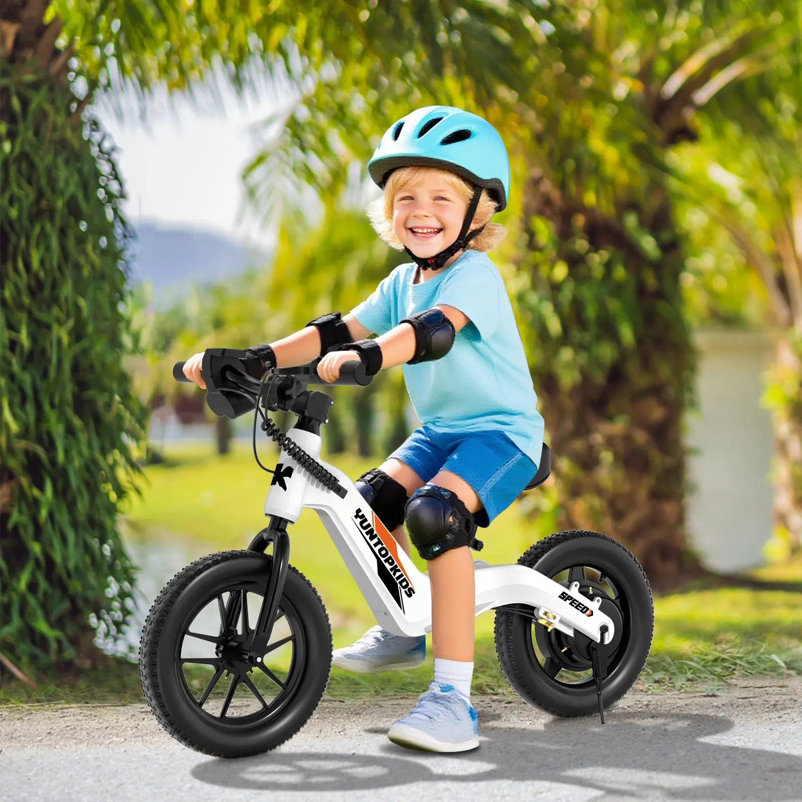 YUNTOPKIDS Electric Balance Toddler Bike, 150W 12-Inch Tire Ride-On Toy, Adjustable Seat, 3 Speed Modes, Rear Disc Brake, Lightweight, Up to 5.6 mi Range for Ages 3-5 (White)