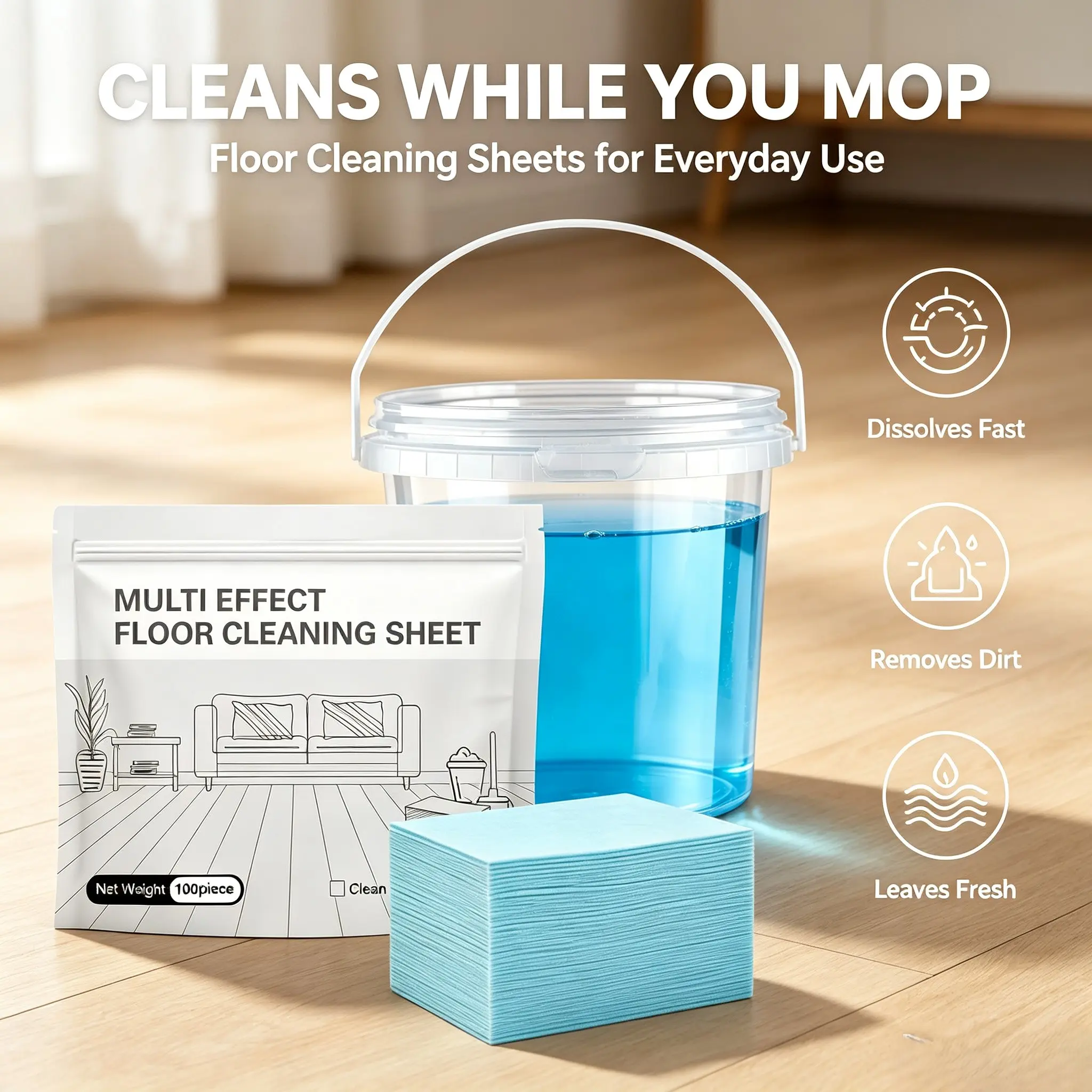 VC 100 Pcs Multi-Floor Cleaner Tablets, Compact Pack, Convenient Daily Use Stain-Free Mop Sheets for Hardwood, Tile, Laminate, Vinyl, Streak-Free Long-Lasting Fresh Scent