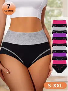 7-Pack  MEIYATING Women's High-Waist Control Underwear, High Waisted Panties, Fashion Colorblock Comfortable Fit Triangle Panties, Premium Skin-Friendly Design, Elastic Knit Underwear