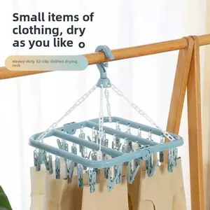 Folding hanger 32 clamps multifunctional windproof socks clip drying hanger Heavy Duty Hangers household plastic clothes socks drying rack
