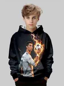 Star Player Inspired C Ronaldo Flame Print Graphic Print Hoodie for Boys, Casual Fitted Design, Perfect for Fall & Winter Wear