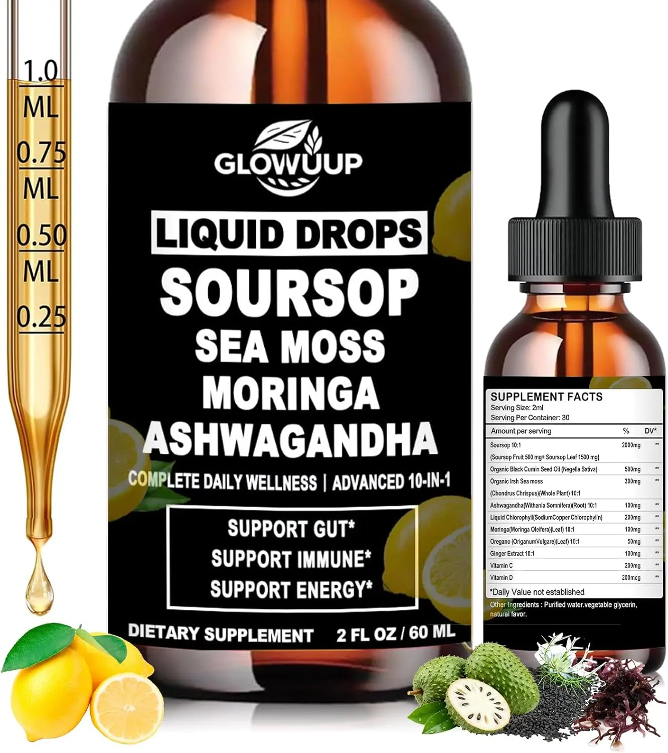 Soursop Bitters Liquid- Organic Soursop Drops for Energy, Skin, Immune & Gut Health, Soursop Leaves Extract 6X Absorption Than Capsule Gummies Powder, Green Superfood Supplement for Women & Men