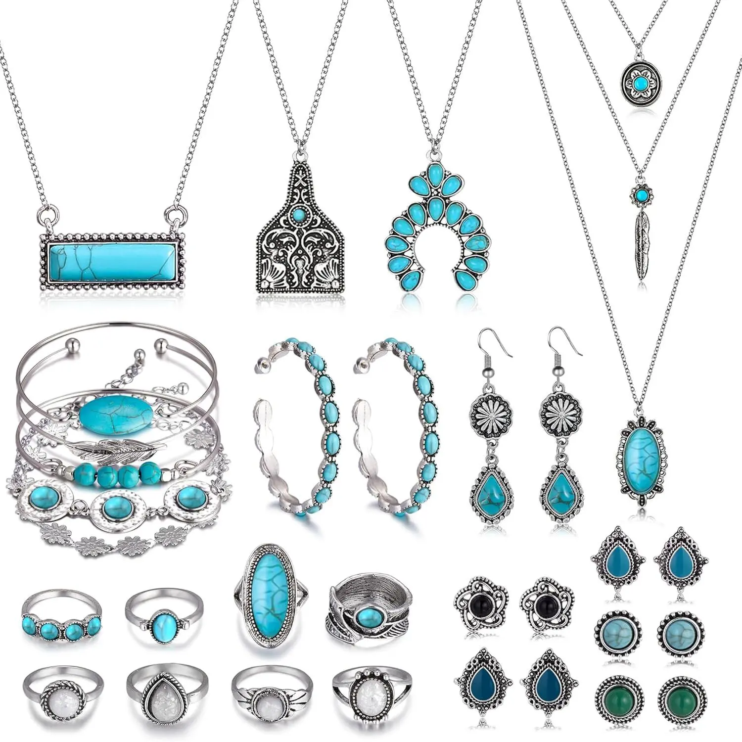 26 Pcs Boho Jewelry Set for Women – Bohemian Layered Western Necklace, Stackable Turquoise Ring, Turquoise Hoop & Dangle Earrings with Studs – Fashion Statement Costume Jewelry Set