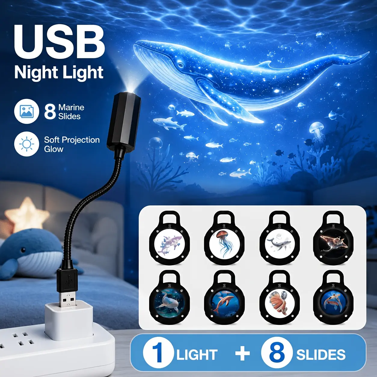 8-Slide Marine Life Projector Night Light, Portable USB LED Mood Lamp with 360° Rotation, Ocean Theme Ceiling Light for Bedroom, Photo Backdrop & Car Decor, Creative Gift