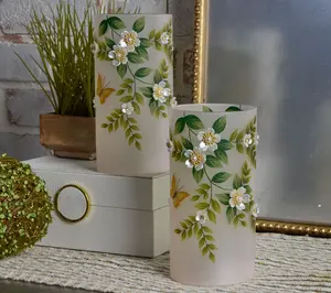 Set of (2) 8" Illuminated Hurricanes_with Pearl Flowers by Valerie