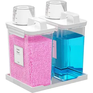 61OZ Laundry Detergent Dispenser Container, 2 Pack Liquid Laundry Dispenser, Plastic Detergent Dispenser for Laundry Room//Fabric Softener with Labels/Tray, Clear