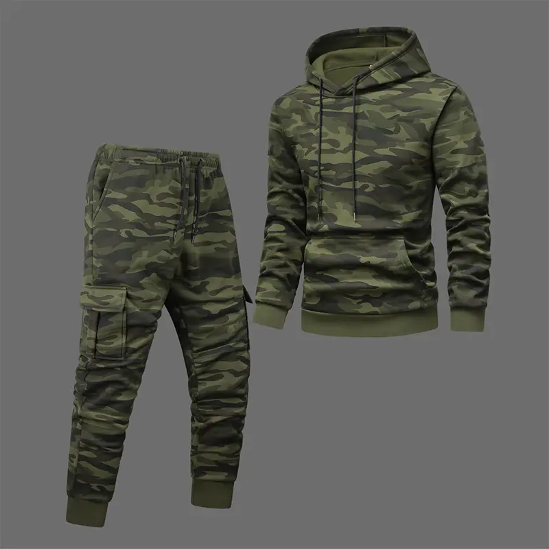 Men's American Retro Camouflage 2-Piece Sports Set - Hooded Long-Sleeve Sweatshirt, Casual Fit Cargo Jogger Pants, Everyday Wear Outfit