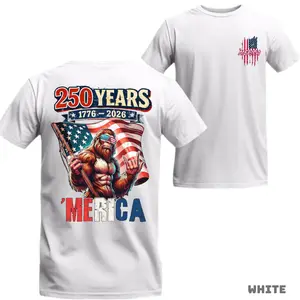 250 Years of 'Merica 1776–2026 Shirt, Funny Bigfoot Patriotic Graphic Tee, American Flag Sasquatch T-Shirt, USA 250th Anniversary Apparel, Independence Day Celebration Shirt, Vintage Freedom Tee, Unisex Patriotic Gift