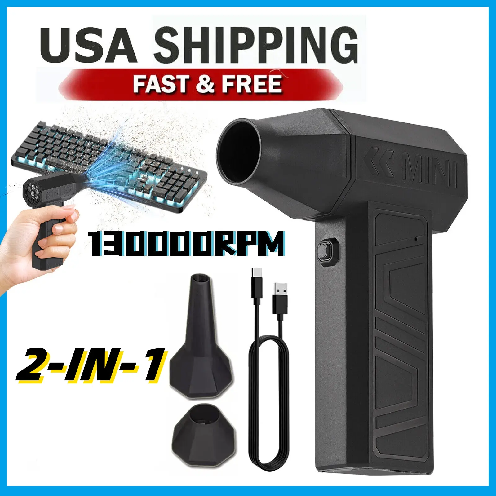 Compressed Air Duster-Electric Air Duster 130000RPM Ultra Powerful , Adjustable High Speed Brushless Motor Air Blower for Dust Cleaning PC/Keyboard/Car