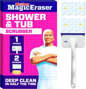 Mr. Clean Magic Eraser Shower & Tub Scrubber, Bathroom Cleaner, All in One Bathroom Cleaner, Lemon Starter Kit, 1 Scrubber & 2 Foaming Magic Erasers