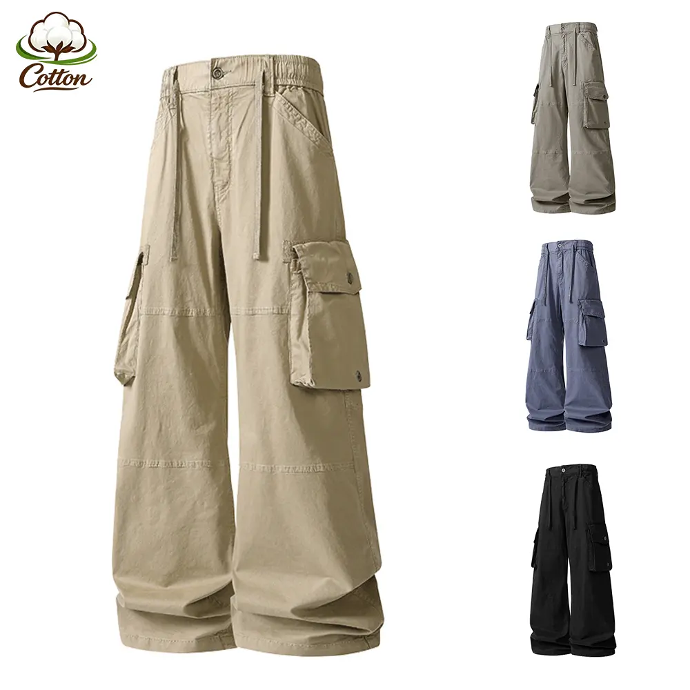 Versatile 97% Cotton Wide Leg Utility Trousers, Built-In Partial Elastic Waist, Twin Side Flap Cargo Pockets, Smooth Solid Fabric Casual Street Pants