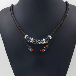 Ethnic Style Leather Rope Beads Ancient Silver Alloy Adjustable Pendant Necklace