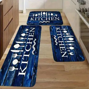 Bright Modern Kitchen Decor Set - White Cabinetry Light Wooden Floor, Long Blue Kitchen Mat With 'KITCHEN' Text & Utensils Icons, Stainless Steel Appliances Sink Window Greenery View, Open Shelv