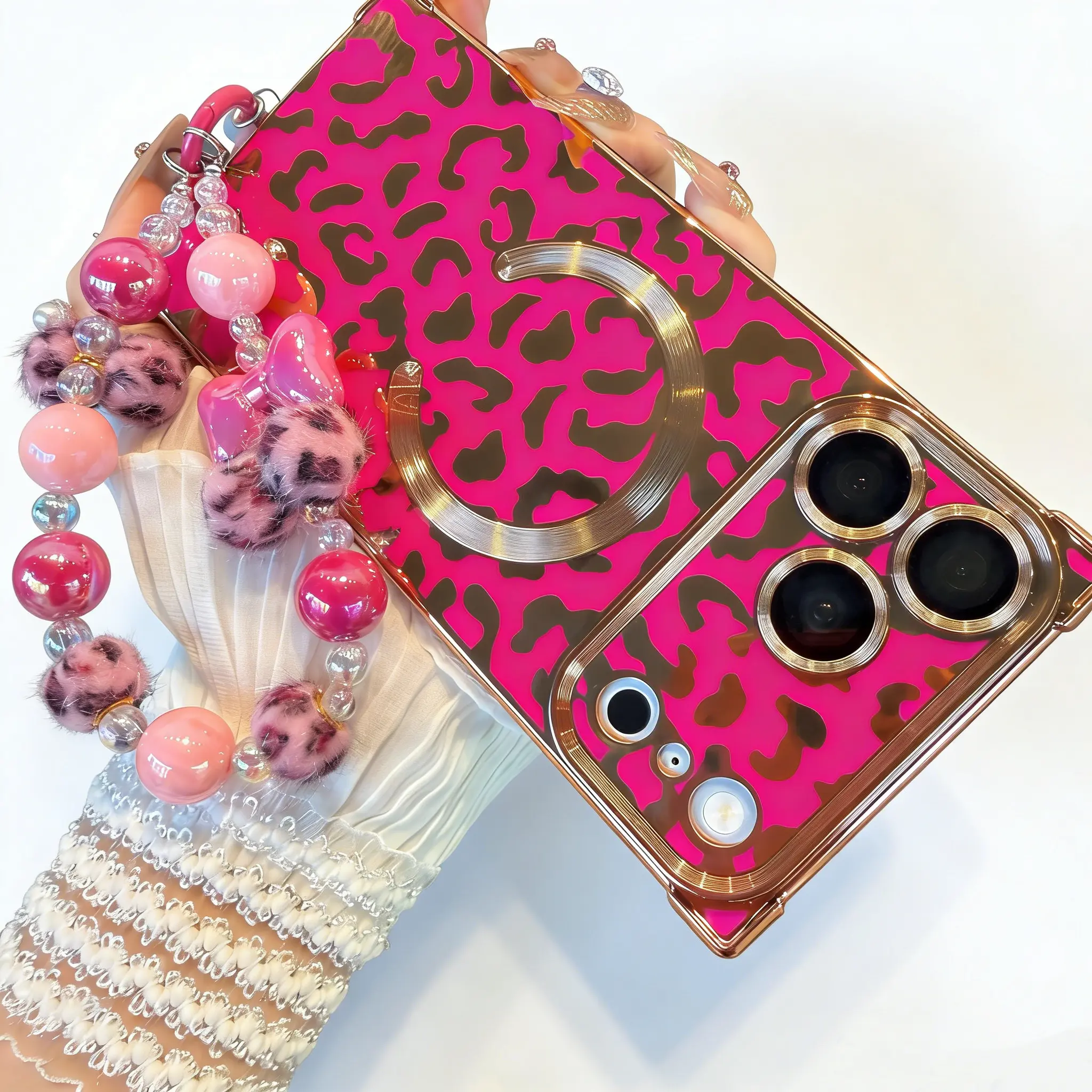 Leopard Print Square Shape Smartphone Case for iPhone 16/15/14/13 Pro Max Sizes, Plastic Full Body MagSafe-Ready Luxury Cover, Accessories Bundle with Matching Beaded Bracelet