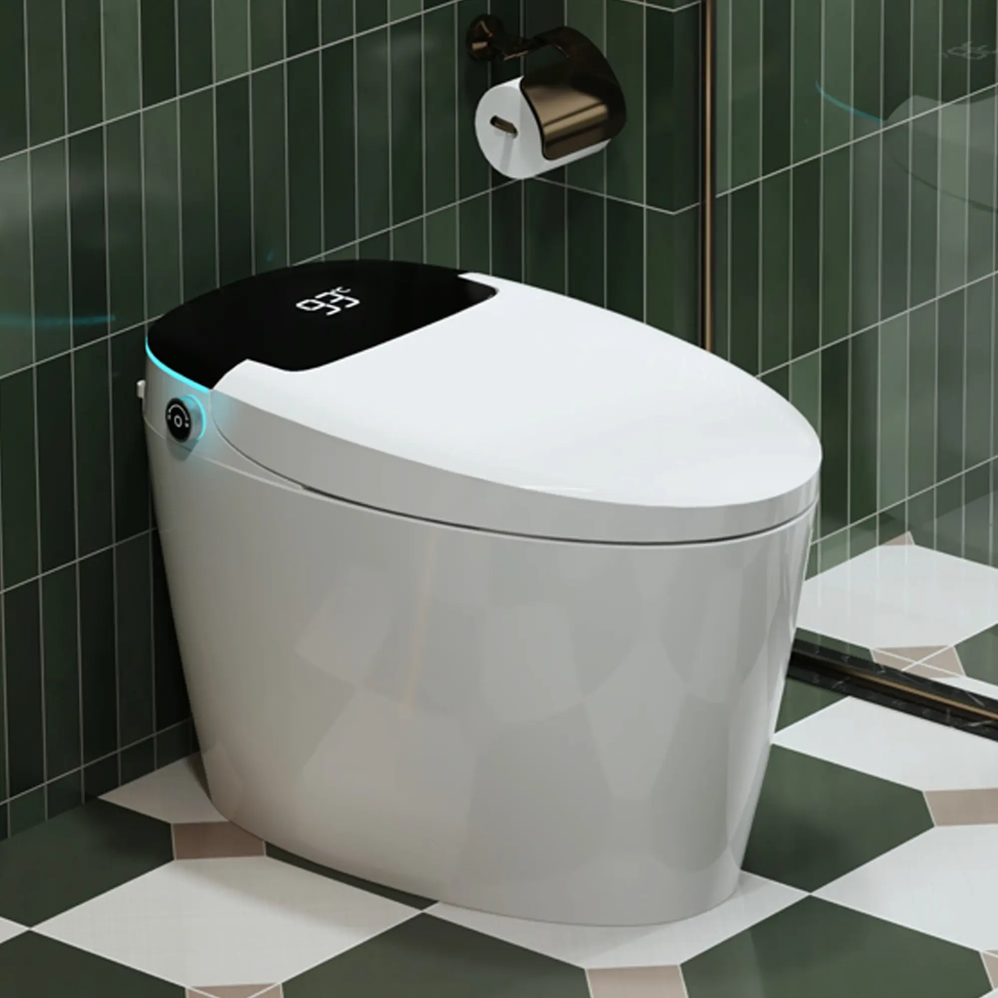 Modern Sleek Look Smart Toilet with Auto Open/Close, Foot-Sensing Activation, Hands-Free Auto Flush, Power-Outage Flush Ready, Heated Bidet, Adjustable Spray Wand, Warm Water Wash, Quiet-Close Seat, Remote Control, LED Light, Self-Cleaning Nozzle