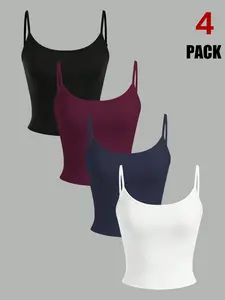 TFNOSIZE 4-Pack – Women’s adjustable thin-strap basic camisole tops — casual, comfortable, minimalist, sexy backless design, breathable athletic cropped tank tops suitable for everyday wear and vacation outfits; women’s apparel for all seasons
