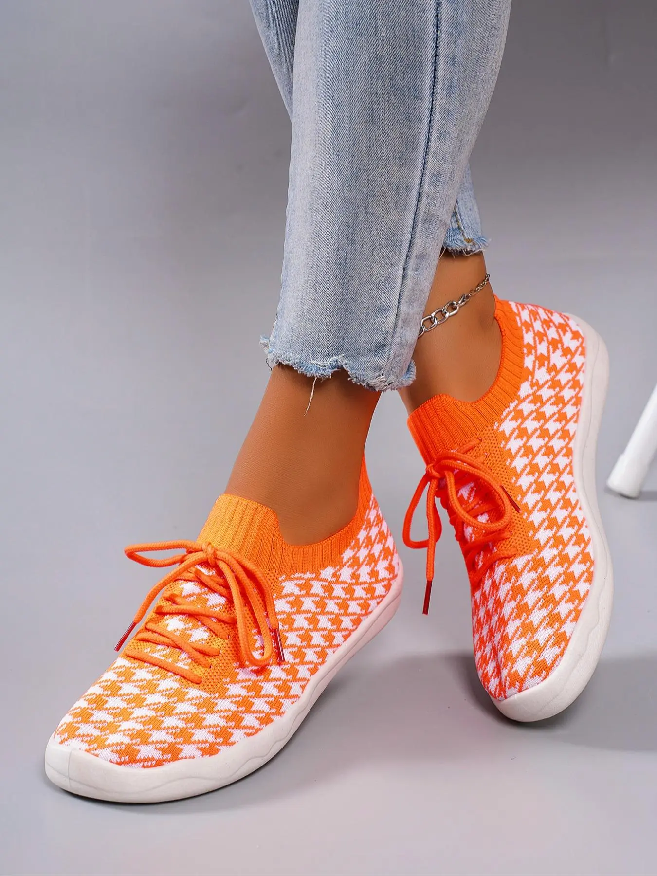Women's Fashionable Bird Houndstooth Design Lace Up Sneakers, Casual Comfortable Breathable Lightweight Sports Shoes, Female All-match Round Toe Shoes, Casual Walking Sneakers