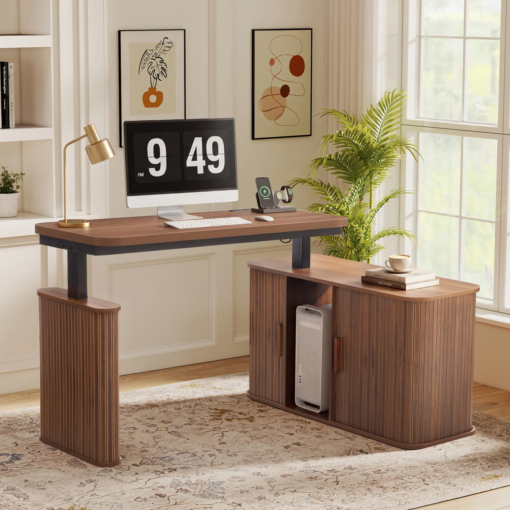Giratree 47" L Shaped Electric Wood Standing Desk with Storage | Height Adjustable Executive Desk with Drawers, Sliding Door Desk Office Sit Stand up Desk for Work, Study, Writing