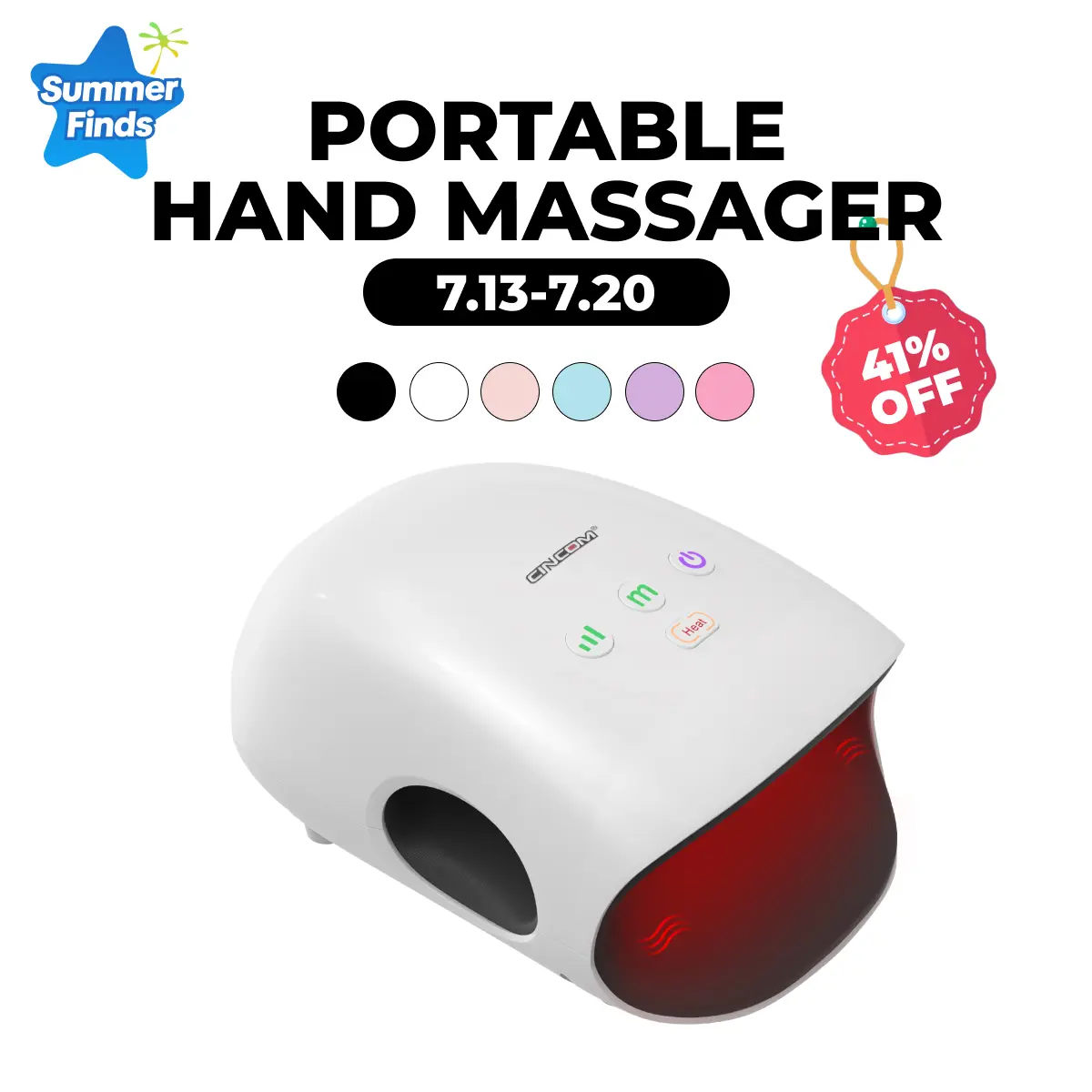 CINCOM Portable Hand Massager, Cordless, Advanced Airwave Technology, Customized Mode & Heating Function, Long-Lasting Battery Life, Auto-Off Feature, Perfect for Daily Relaxation, Comfort, White, Ideal Gift for Christmas & Birthday