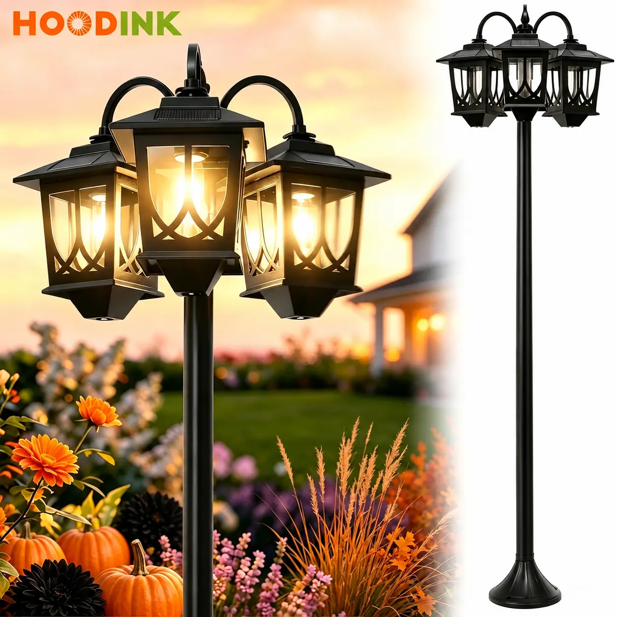 Hoodink 3-Head Design Solar Lamp Post - 60 Lumens, Waterproof, Adjustable, Endurance, Bulb Included, Automatic Turn On/Off, Outdoor Lighting for Lawn, Pathway, Home Decor