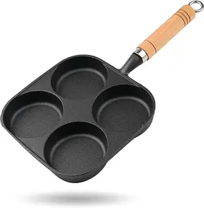 Frying pan, 4-cup cast iron egg frying pan, with a wooden handle divided grill pan, suitable for frying eggs, steaks, and burgers for breakfast ceramic  Nonstick Dutch Oven Enameled Cast-Iron French Oven Iron Dutch Oven and Skillet pots Cookware Oil