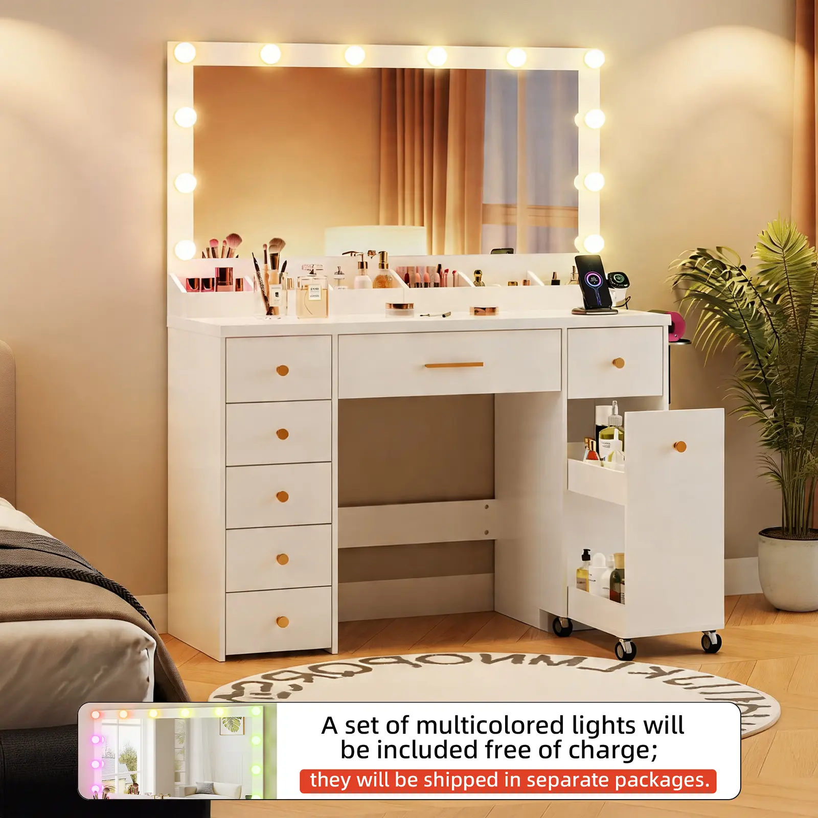 LAKEMID Sturdy White Makeup Vanity with Glam Mirror with Lights - 12 Hollywood-Style Bulbs, 3-Color Adjustable Lighting, Colored String Lights, 7-Drawers with Pull-Out Storage for Bedroom Makeup Organization