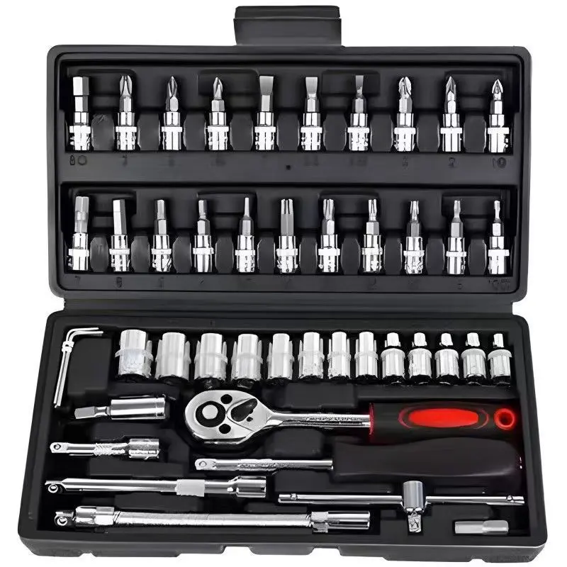 46 Pieces 1/4 inch Drive Socket Ratchet Wrench Set, with Bit Socket Set Metric and Extension Bar for Auto Repairing and Household, with Black Storage Case