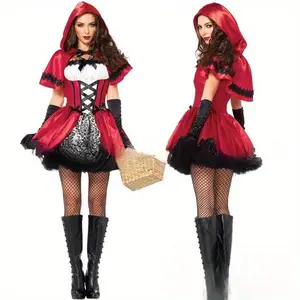 Halloween Cosplay Sexy Anime Queen Red Riding Hood Costume Gothic Style Fishnet Stockings Red Hood Black Accents Witch Broom Themed Parties