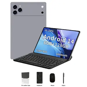 Android tablet PC, 10.1 inch, running Android 14, 128 GB storage, 6 GB RAM, includes keyboard, protective case, mouse, and stylus pen, 6000 mAh battery, front and rear dual cameras, Wi‑Fi 5, 1280×800 IPS high‑definition display