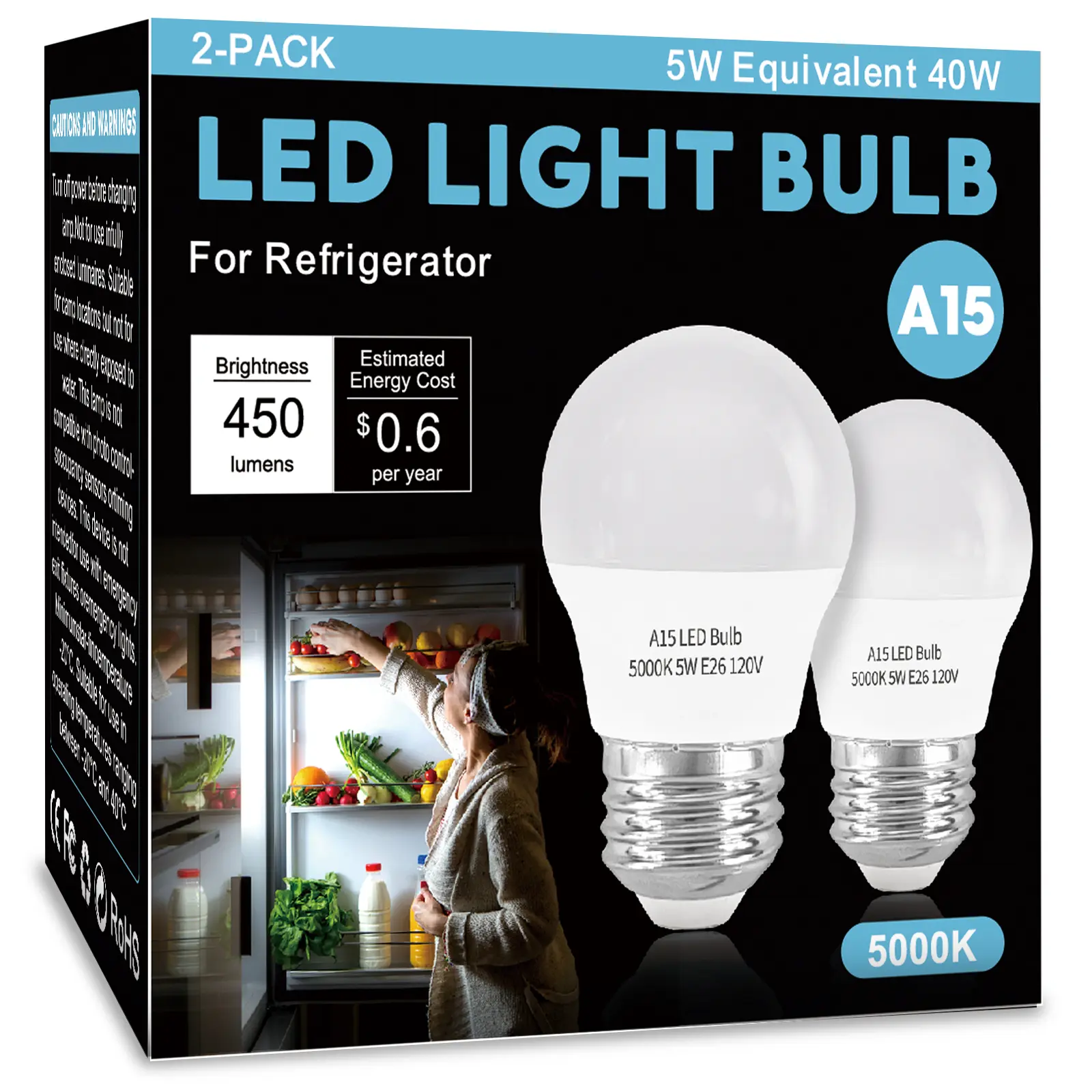 Ultra-Bright A15 LED Refrigerator Light Bulb, 5000K Daylight White, 5W Dimmable E26 Replacement Bulb for Fridge, Table Lamps, and Ceiling Fans