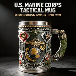 U.S. Marine Corps 3D Tactical Mug, Embossed Military Badges Stainless Steel Tankard, Collectible Drinkware Gift for Marines Veterans Dad 8-10oz