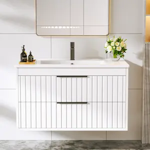 Topwin 30-Inch Floating Bathroom Vanity&Ceramic Sink – Modern Wall-Mounted Cabinet&2 Drawers for Storage Organizer Aesthetic Organizing Minimal Design