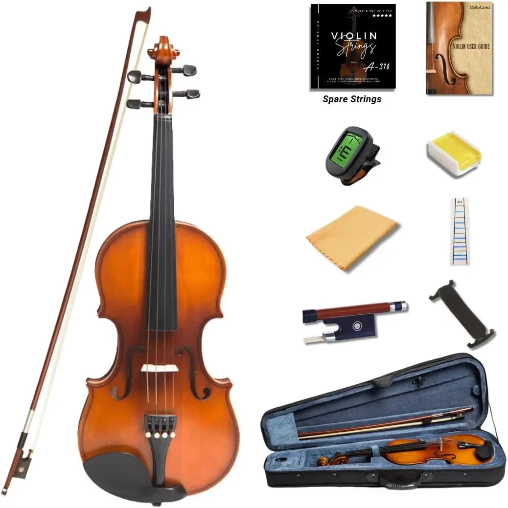 Violin Fiddle Solidwood for Adults Beginners Students, Spruce Top, Maple Back, Brazilwood Bow, with Hard Case, Shoulder Rest, Electronic Tuner and Extra Strings, Rosin Full Size
